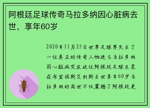 阿根廷足球传奇马拉多纳因心脏病去世，享年60岁